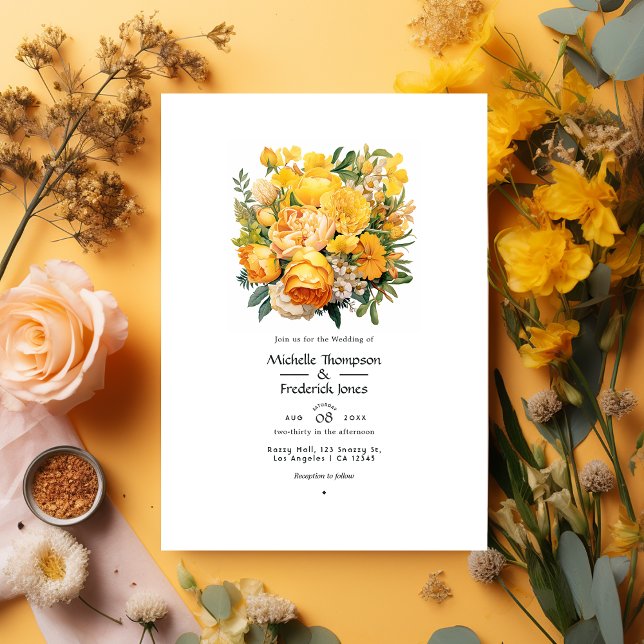 Invitation Mariage d'été floral jaune vif et biscotti (Créateur téléchargé)