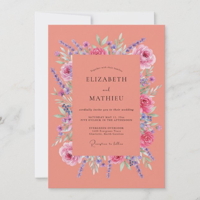 Invitation Mariage d'été floral luxuriant corail (Devant)