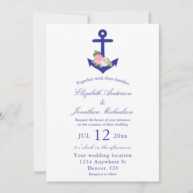 Invitation Mariage d'été floral marine (Devant)