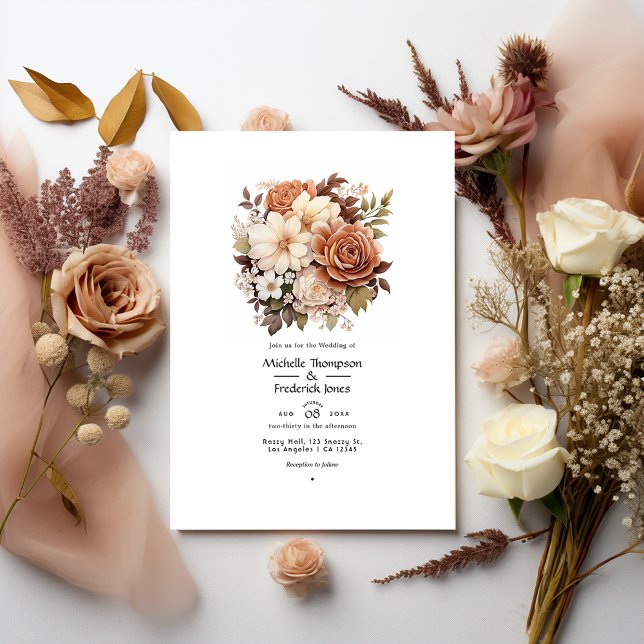 Invitation Mariage d'été floral marron et rose (Créateur téléchargé)