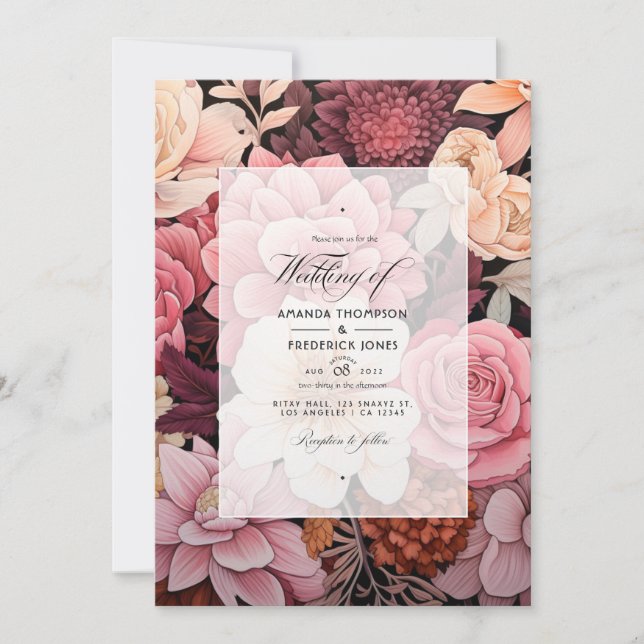 Invitation Mariage d'été floral marron et rose (Devant)
