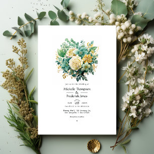 Invitation Mariage d'été floral Menthe, Vert Chasseur et Or