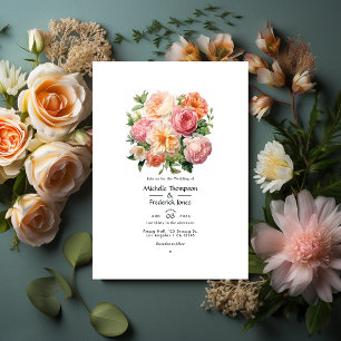 Invitation Mariage d'été floral rose pastel, vert et pêche