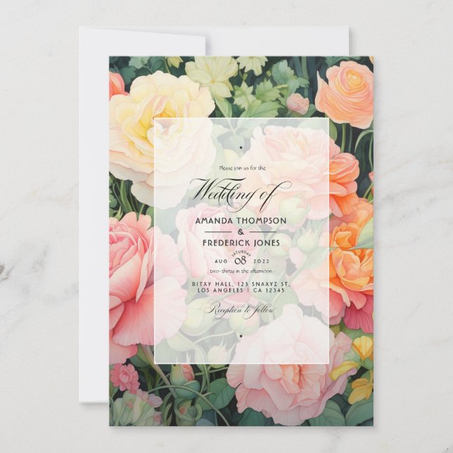 Invitation Mariage d'été floral rose pêche, vert et pastel (Devant)