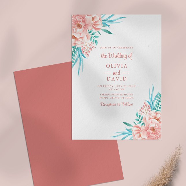 Invitation Mariage d'été floral Tosca rose pêche (Peach Pink Tosca Floral Summer Wedding Invitation on a pink table.)