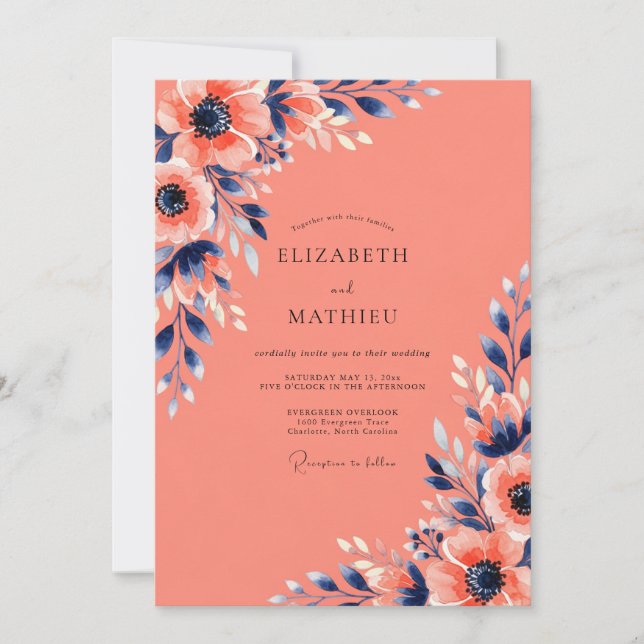 Invitation Mariage d'été frappant de corail (Devant)