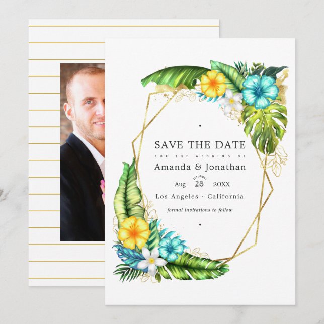 Invitation Mariage d'été géométrique Aloha Tropical Photo (Devant / Derrière)