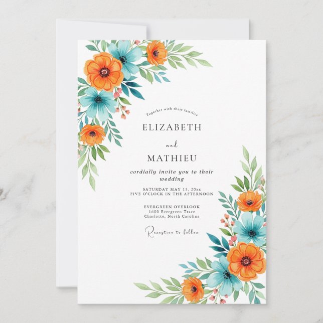 Invitation Mariage d'été glorieux orange sarcelle (Devant)