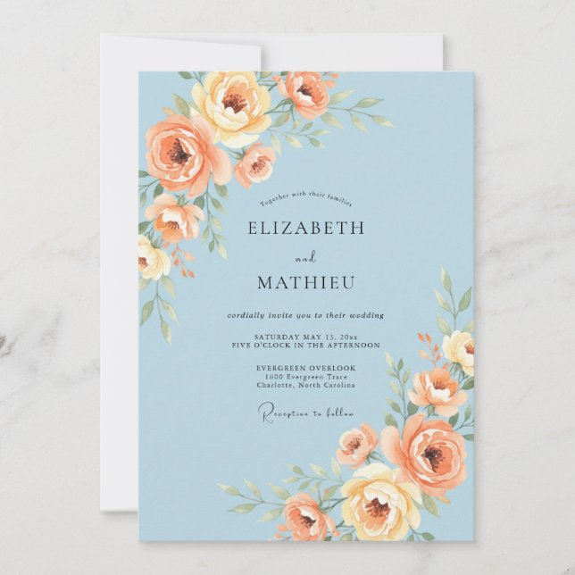 Invitation Mariage d'été gracieux bleu azur (Devant)