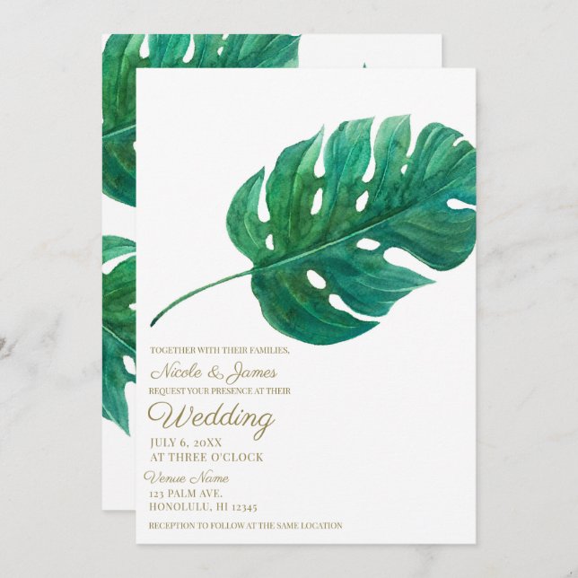 Invitation Mariage d'été hawaïen à feuilles de palmier vert t (Devant / Derrière)