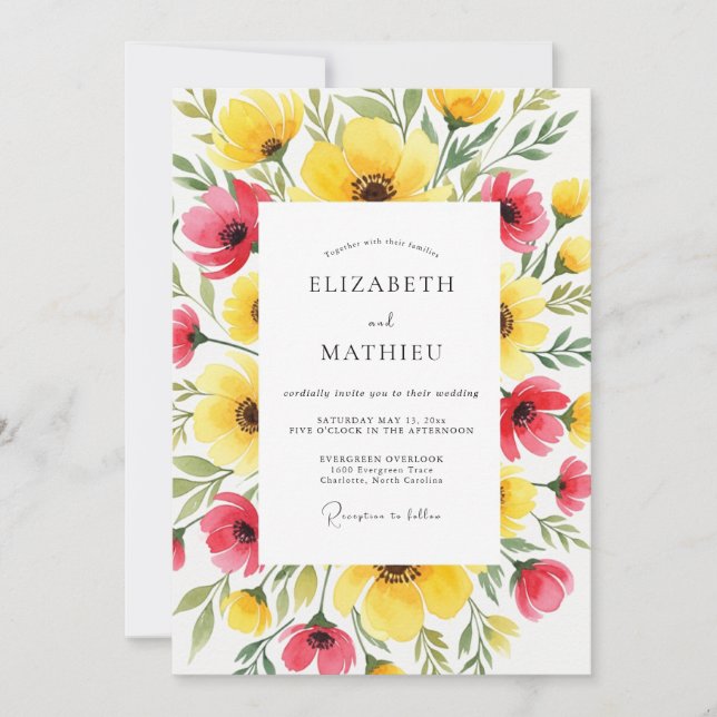 Invitation Mariage d'été jaune rose jubilatoire (Devant)