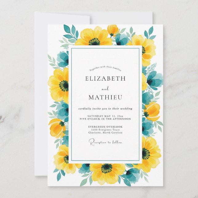 Invitation Mariage d'été jaune sarcelle immaculé (Devant)