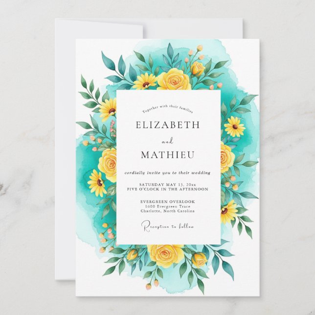 Invitation Mariage d'été lumineux jaune sarcelle (Devant)