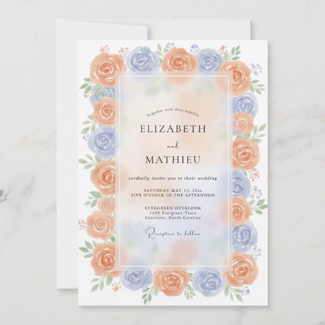 Invitation Mariage d'été lumineux pêche et pérywinkle (Devant)