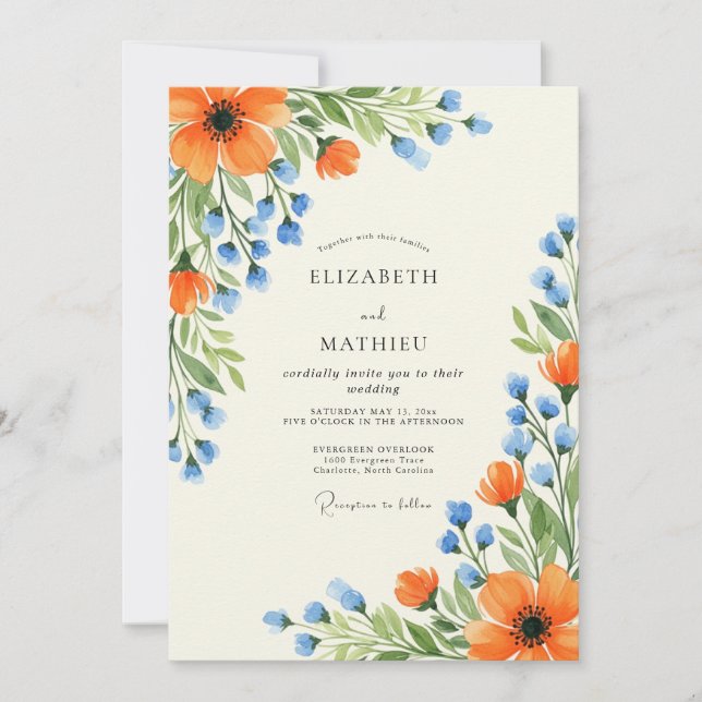 Invitation Mariage d'été luxuriant à la pervenche orange (Devant)