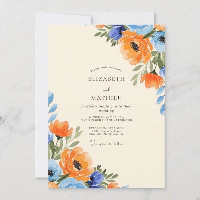 Invitation Mariage d'été opulent ciel bleu mandarine (Devant)