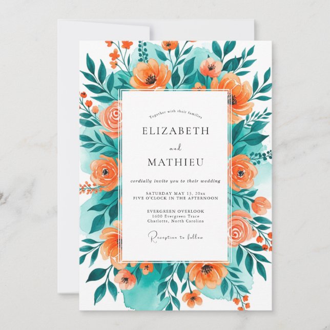 Invitation Mariage d'été Orange et sarcelle Blissful (Devant)
