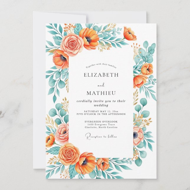 Invitation Mariage d'été orange sarcelle débordant (Devant)