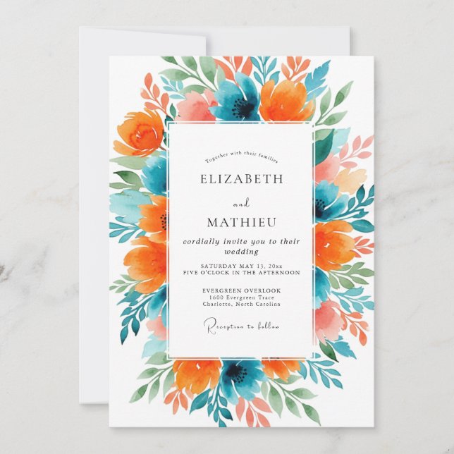 Invitation Mariage d'été orange sarcelle enjoué (Devant)