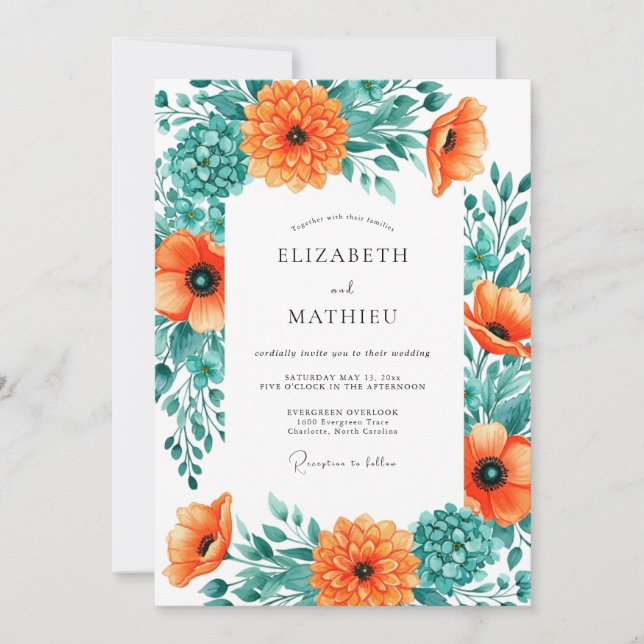 Invitation Mariage d'été Orange Teal Effervescent (Devant)