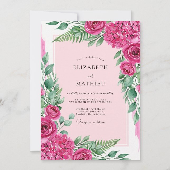Invitation Mariage d'été orné de fuchsia (Devant)