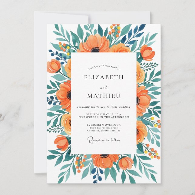 Invitation Mariage d'été pittoresque sarcelle mandarine (Devant)