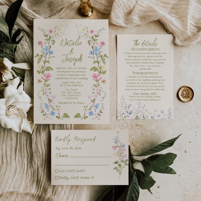Invitation Mariage d'été rétro floral écrit à la main (Créateur téléchargé)