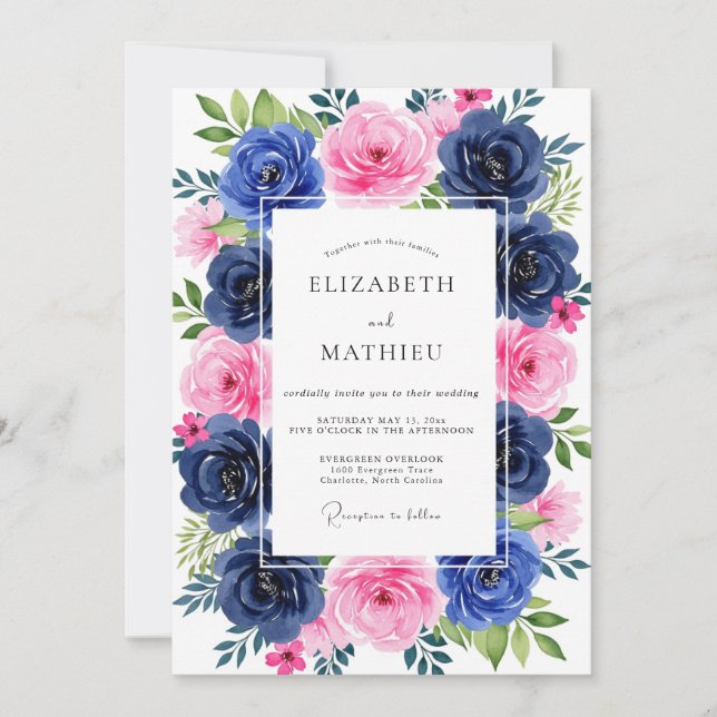Invitation Mariage d'été rose Navy luxuriant (Devant)