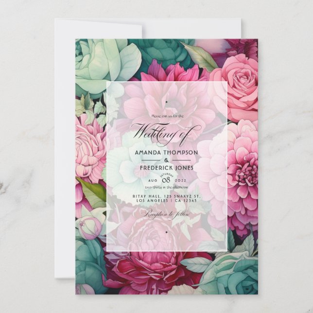 Invitation Mariage d'été Rose Pastel, Vert de Mer et Merlot (Devant)