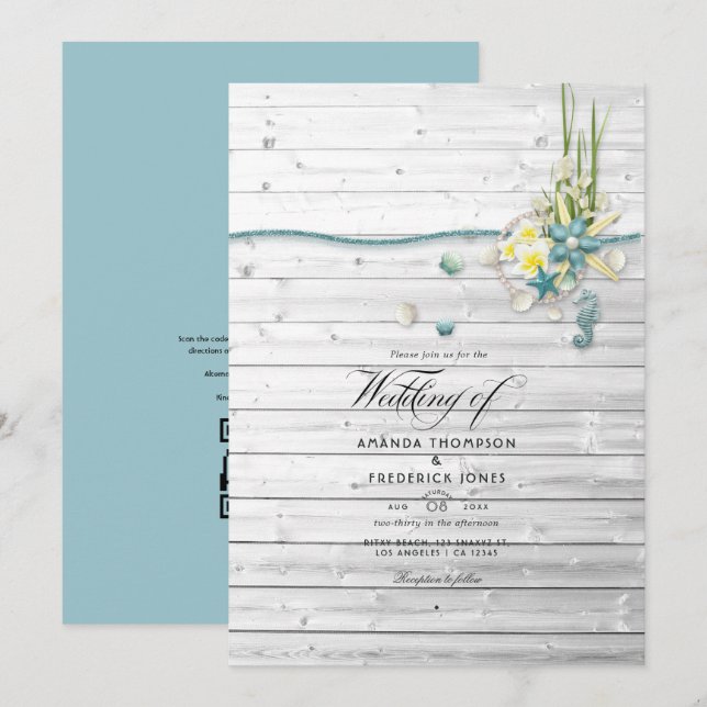 Invitation Mariage d'été rustique sur la plage avec QR Code R (Devant / Derrière)