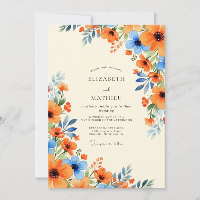 Invitation Mariage d'été splendide bleu barbeau orange (Devant)