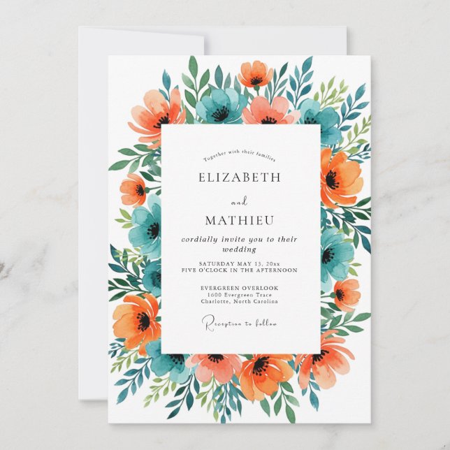 Invitation Mariage d'été splendide turquoise orange (Devant)