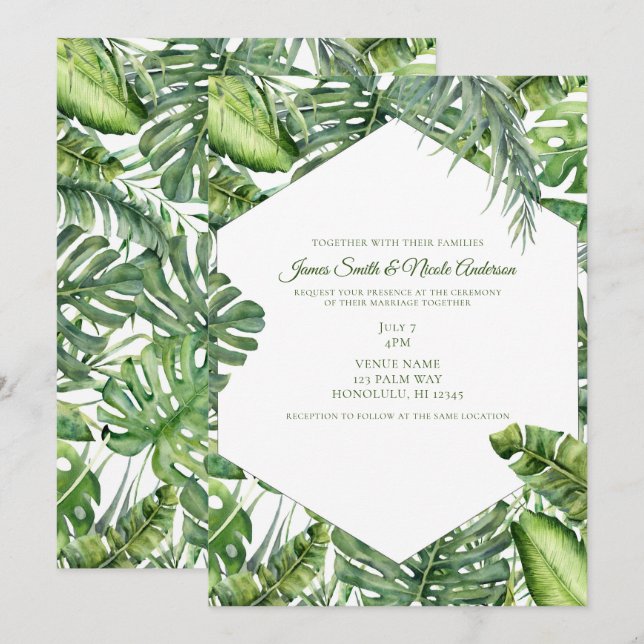 Invitation Mariage d'été sur une île tropicale aux feuilles d (Devant / Derrière)