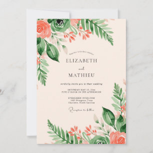 Invitation Mariage d'été vert sauge pêche luxuriant
