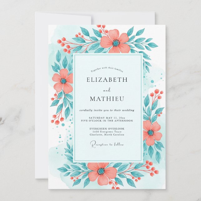 Invitation Mariage d'été vibrant corail et sarcelle (Devant)