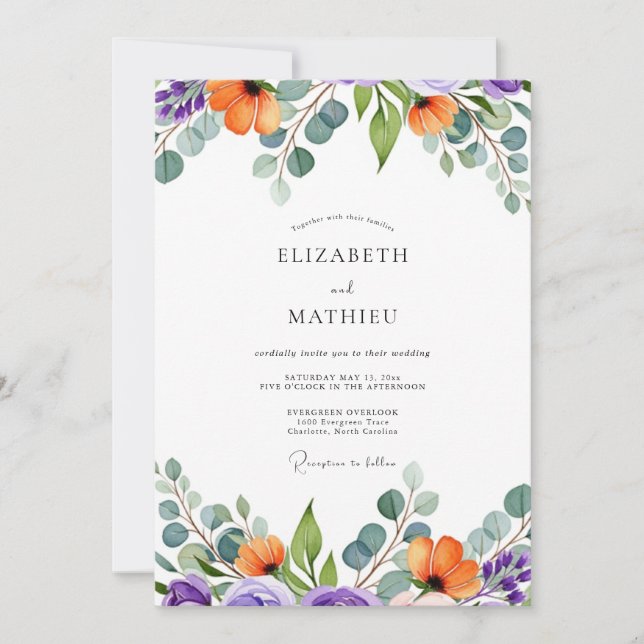 Invitation Mariage d'été vibrant orange violet (Devant)