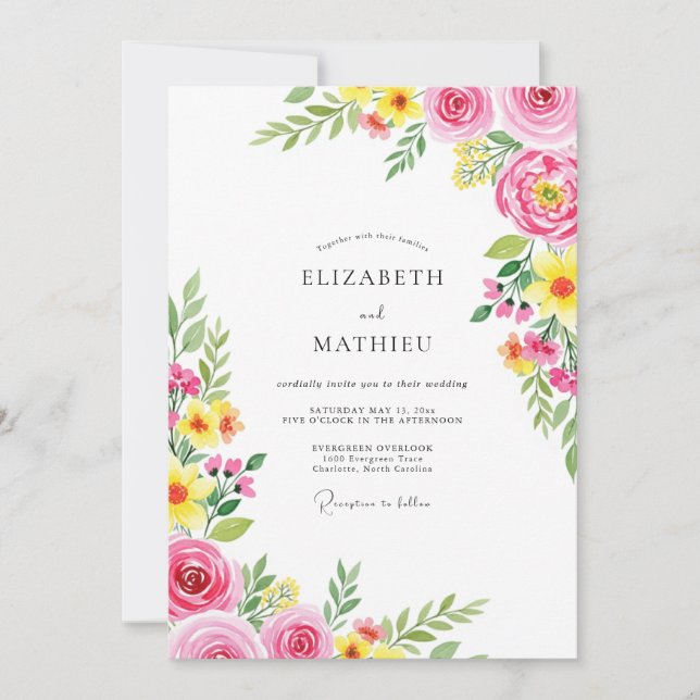 Invitation Mariage d'été vibrant rose jaune (Devant)