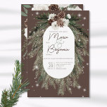 Invitation Mariage d'étincelle d'hiver rustique<br><div class="desc">Ce design est orné d'un bouquet rustique de pin vert et de pinecone sur un arrière - plan de cacao aux fleurs blanches. Il est agrémenté d'une couverture brillante blanche pour illustrer la magie des belles vacances d'hiver. Parfait pour un mariage de Noël ou d'hiver. Cette carte fait partie de...</div>