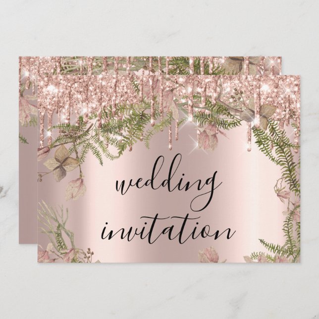 Invitation Mariage  d'étincelle Rose Florals Mint (Devant / Derrière)