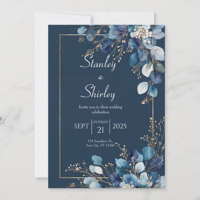Invitation Mariage d'eucalyptus bleu minuit (Devant)
