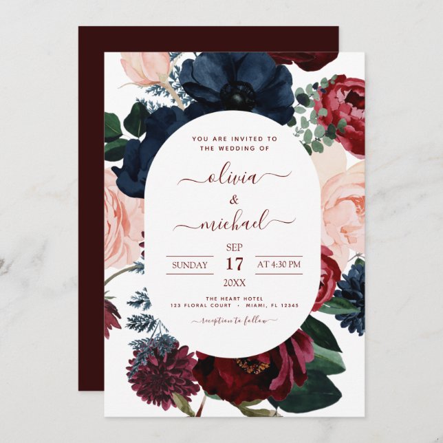 Invitation Mariage d'Eucalyptus Floral bleu de la marine de B (Devant / Derrière)