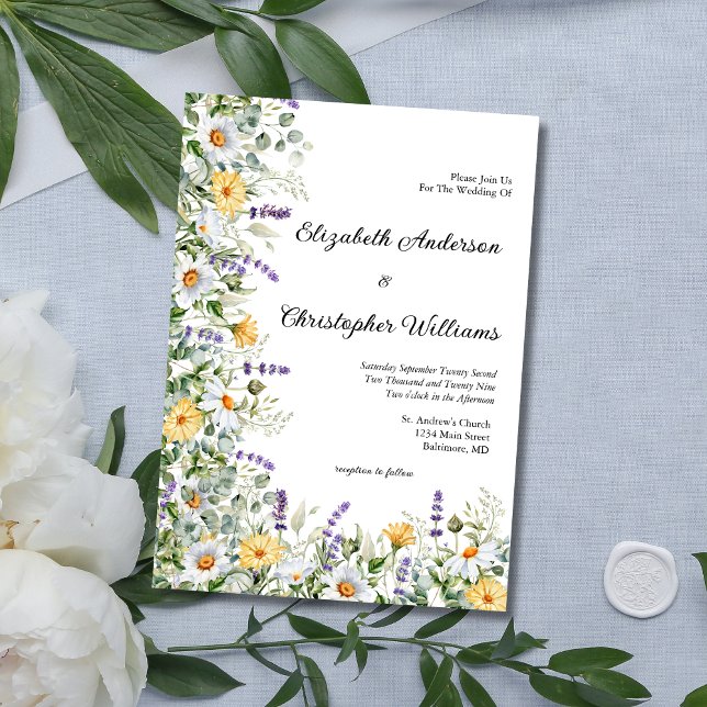 Invitation Mariage d'Eucalyptus Floral Lavande Jaune Blanche (Yellow White Lavender Eucalyptus Wildflowers  Wedding Invitation. Printed or Digital Download)