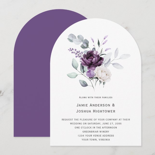 Invitation Mariage d'Eucalyptus Floral Purple & Lavender (Devant / Derrière)