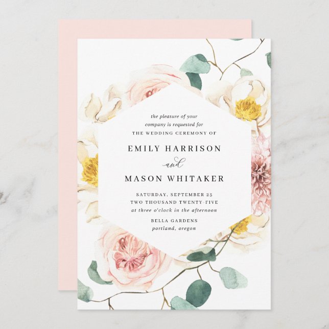 Invitation Mariage d'Eucalyptus Floral Rose et Blanc (Devant / Derrière)
