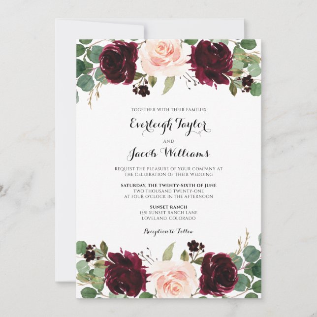 Invitation Mariage d'Eucalyptus rose rose rouge de Bourgogne (Devant)