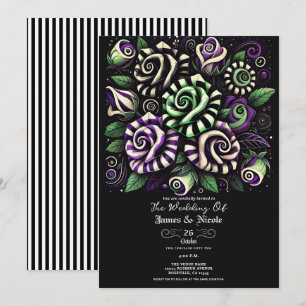Invitation Mariage d'Halloween à fleurs à rayures vertes viol