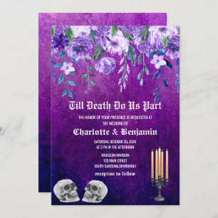 Invitation Mariage d'Halloween au crâne floral violet 