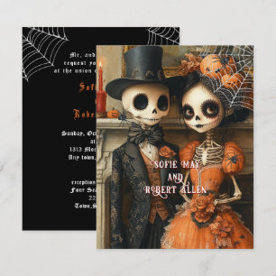 Invitation Mariage d'Halloween avec squelettes et araignées n