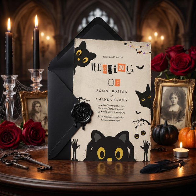Invitation Mariage d'Halloween avec un joli chat noir (Créateur téléchargé)