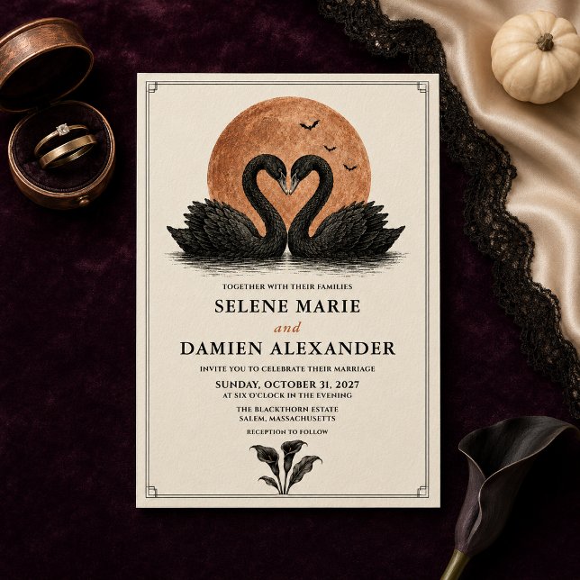 Invitation Mariage d'Halloween Cygnes Noirs Gothiques (Créateur téléchargé)